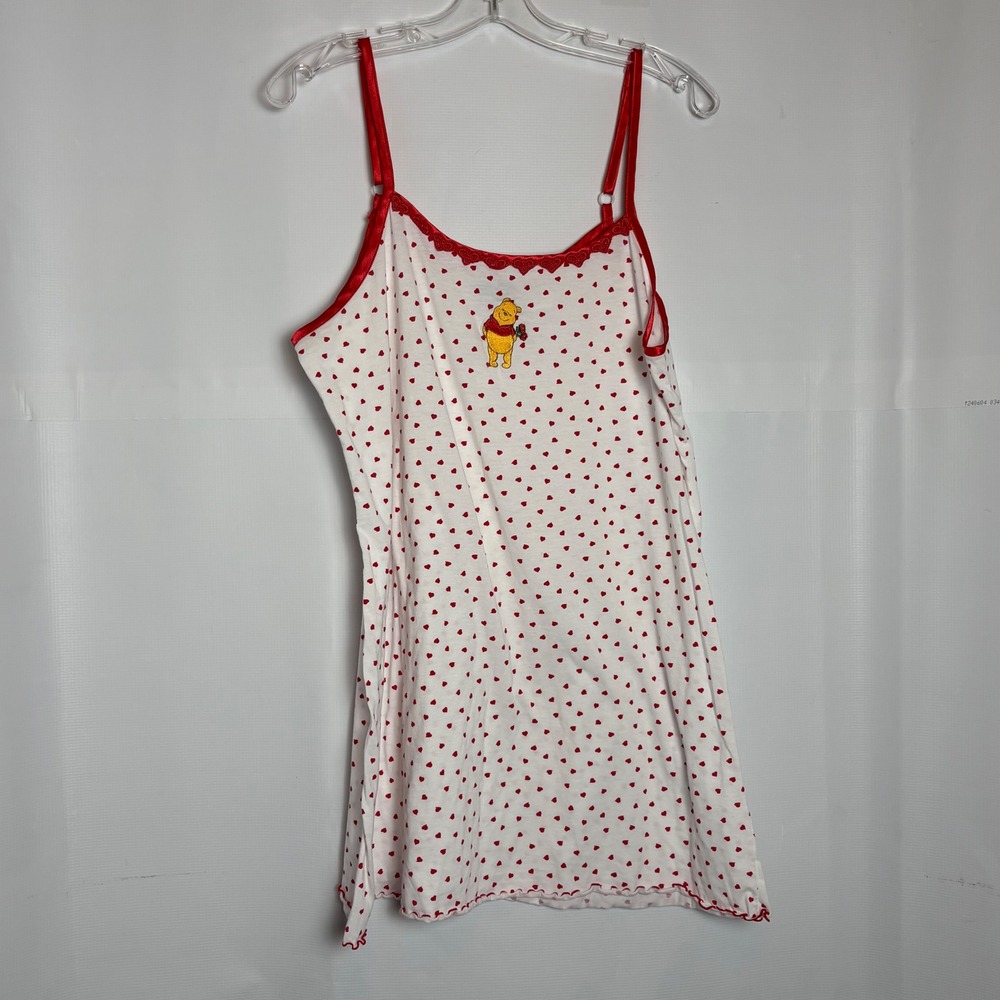 Winnie the Pooh Vtg Heart Print Nightgown Chemise White Red Large Disney Y2K 90s